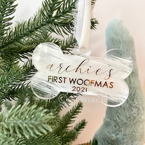 Pet's First Woofmas Ornament | Dog Parent Gift | First Christmas | Personalized Pet Ornament | Acrylic Dog Gift | Custom Dog Bone Ornament