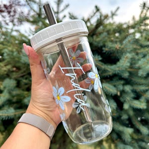 Tasse à thé réutilisable marguerite personnalisée | Tasse en verre à thé/smoothie Boba avec paille en acier inoxydable | Coupe fleurie | Boba | BBT DIY |