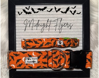 May include: Two orange dog collars with a black bat pattern and white crescent moons. The collars are displayed on a black framed board with the words "Midnight Flyers" and bat silhouettes.