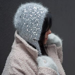 Luxurious Mink Fluffy Bonnet with &quot;Royal&quot; Sequin Embellishment – Handmade, Warm & Stylish/ Knit Hat With Sequins/ Warm Daughter Gift