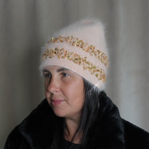 Handmade Mink Fluff Beanie-Hat Decorated With &quot;Gold&quot; Sparkles  - Spring Headwear/ Unique Gifts For Women