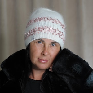 Handcrafted White Beanie-Hat Decorated Pink Matte Sparkles For Autumn/ Unique Shiny Gift For Girls (size 55-57 cm)