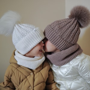 Kids Winter Set: Handmade Merino Wool Hat With Infinity Scarf/ Beanie With Natural Pompom/ Gift For Little Girls