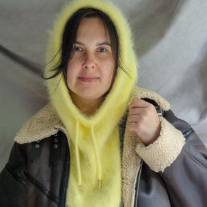 Handknit Yellow Cozy Hood-Scarf With Extended Front/ Stylish Warm Gift For Her