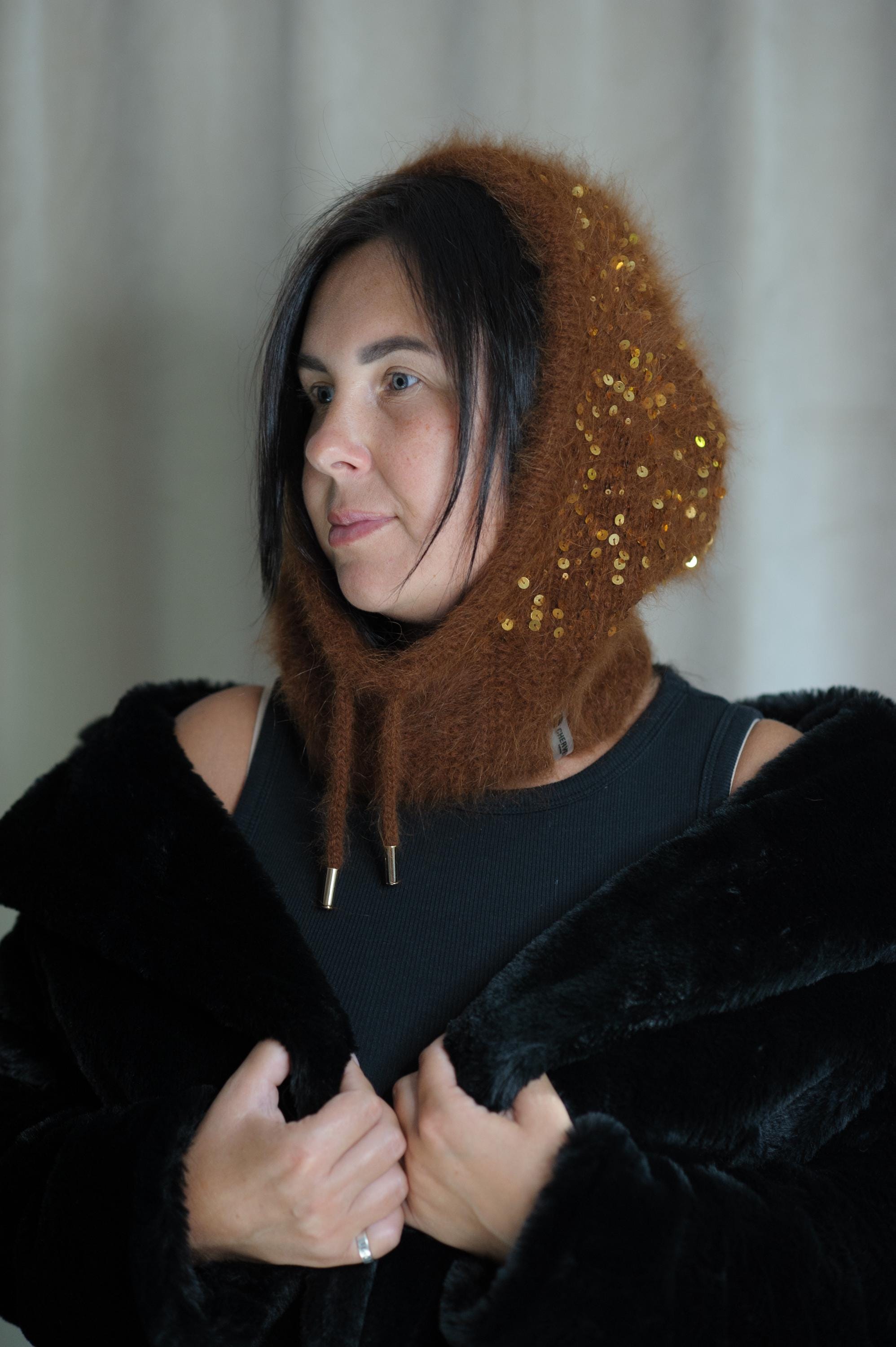 Handmade Angora Balaclava-Helmet Sequined "Gold" Paillettes