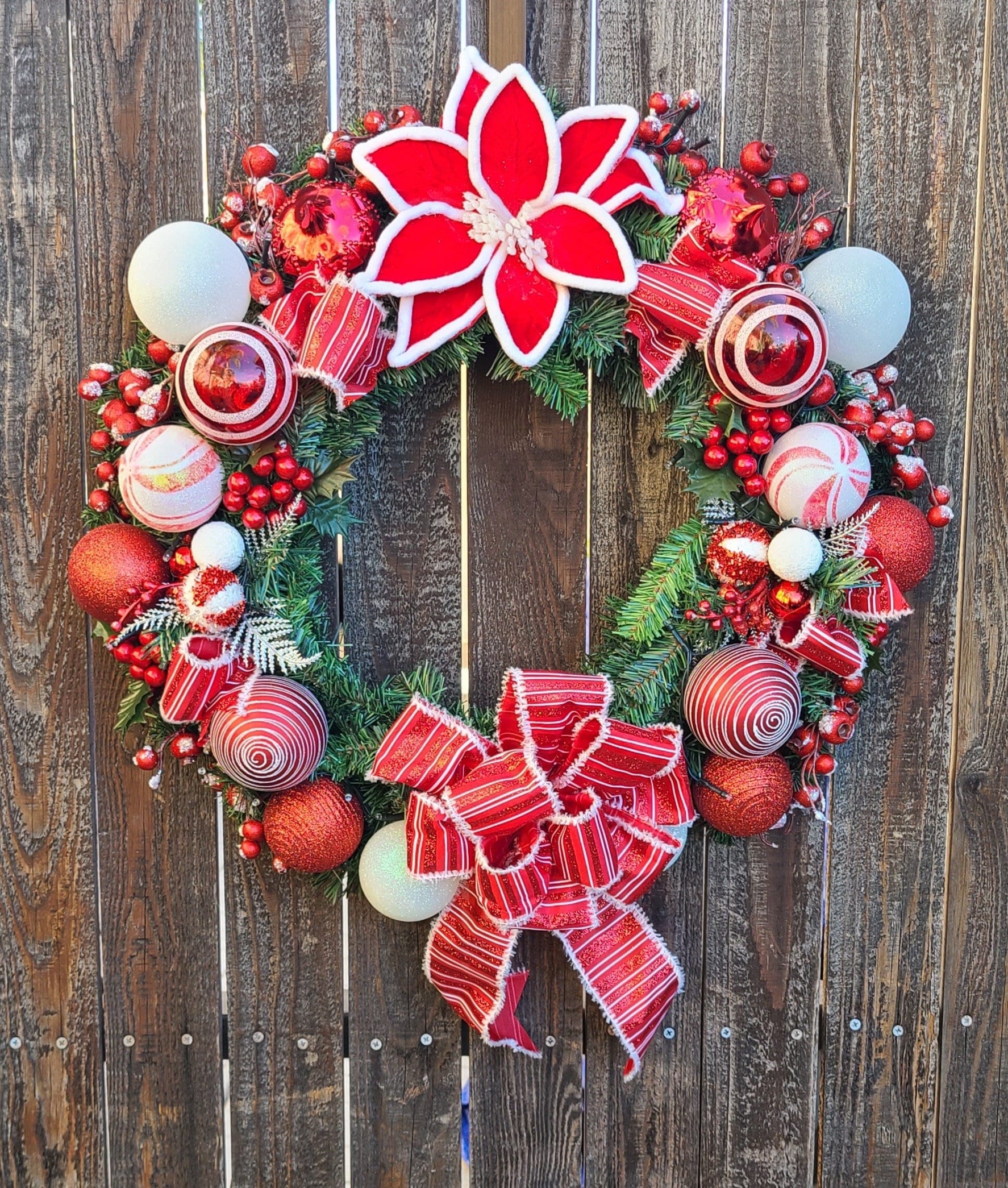　Decorated Christmas Wreath Red and White Christmas Wreath: Holiday Front Door Decor With LED