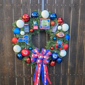 24” Buffalo Bills inspired Holiday Wreath with remote controlled led lights, Football Wreath, Christmas Sports Wreath