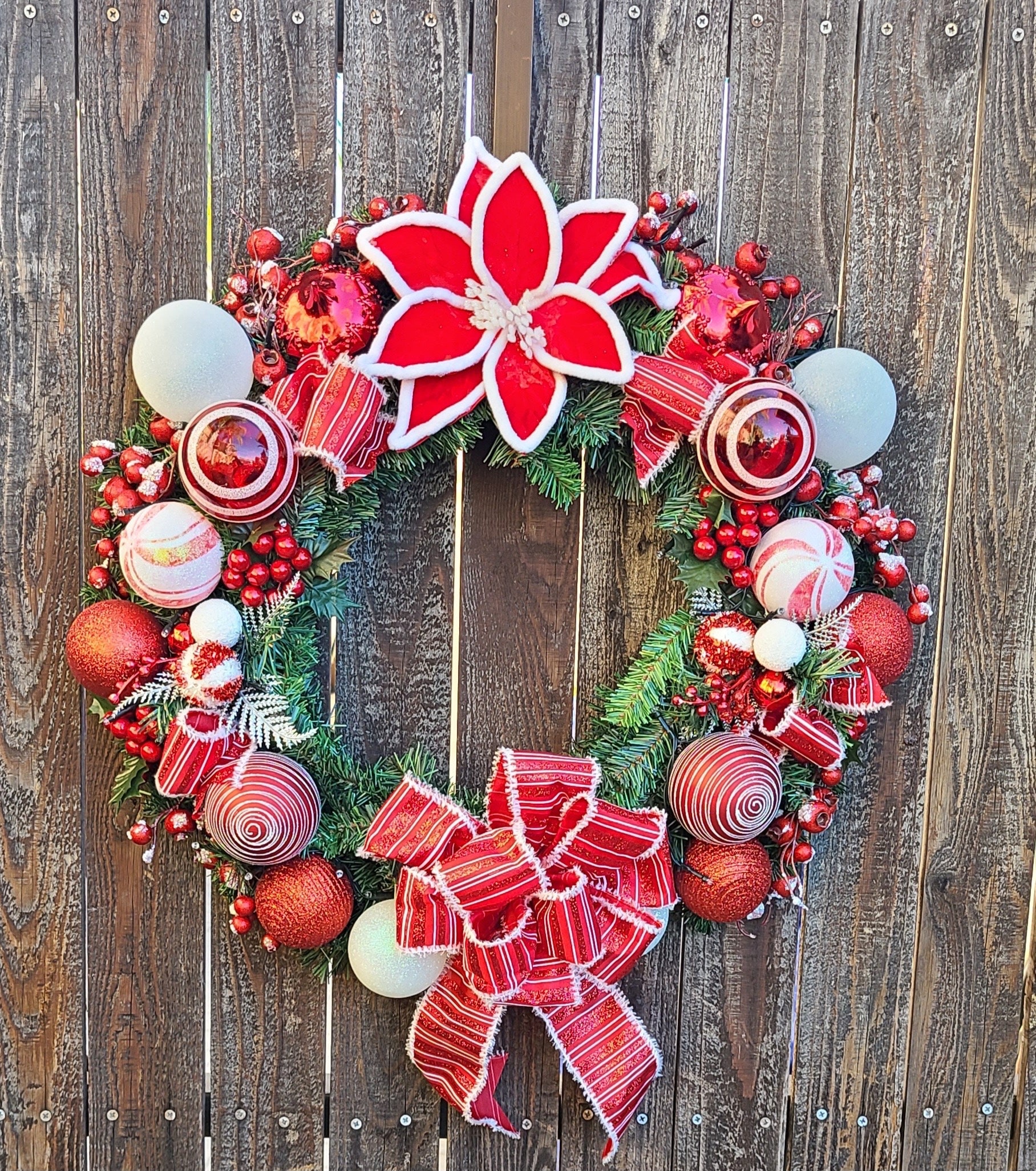 Red and White Christmas Wreath: Holiday Front Door Decor With LED