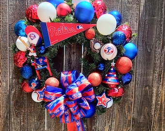 Phillies Inspired Holiday Wreath with remote controlled led lights, Phillies Christmas Wreath, Baseball Wreath, Christmas Sports Wreath