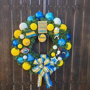 Chargers Inspired Holiday Wreath with Remote Controlled led lights, Chargers Football Wreath