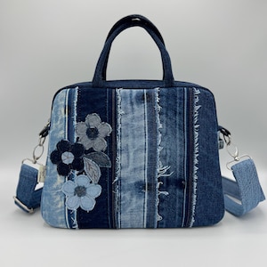 Upcycled Crossbody Denim Bag with Top Handle – Handmade Patchwork Handbag – Gift for Mom, Birthday or Christmas