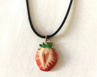 Strawberry Slice Necklace Novelty Fruit Necklace Miniature Food Necklace Black Cord Necklace Fruit Slice Necklace