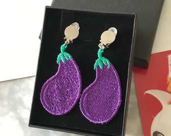 Eggplant Embroidered Earrings Hypoallergic Clip On Earrings Plastic Earrings Lovely Earrings Harajuku Style