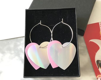 Heart Hoop Earrings Iridescent Heart Earrings Pink Heart Earrings Silver Heart Earrings