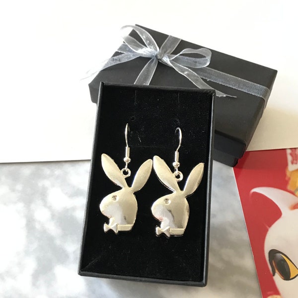 Playboy Bunny Logo Shiny Silver Rabbit Earrings