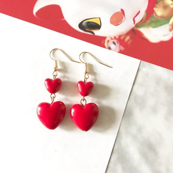 Red Heart Chained Earrings