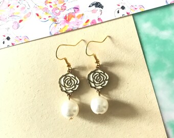 Rose Charm Earrings Faux Pearl Earrings Feminine Earrings Floral Dangler Earrings