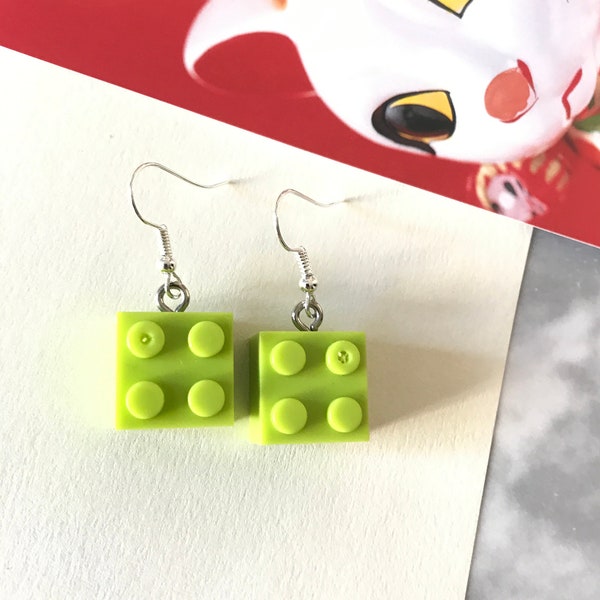 Lime Bricks Earrings l e g o Earrings Clip On Earrings Green Earrings
