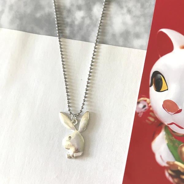 Playboy Bunny Necklace Silver Rabbit Necklace Hypoallergenic Stainless Steel Necklace Ball Chain Necklace