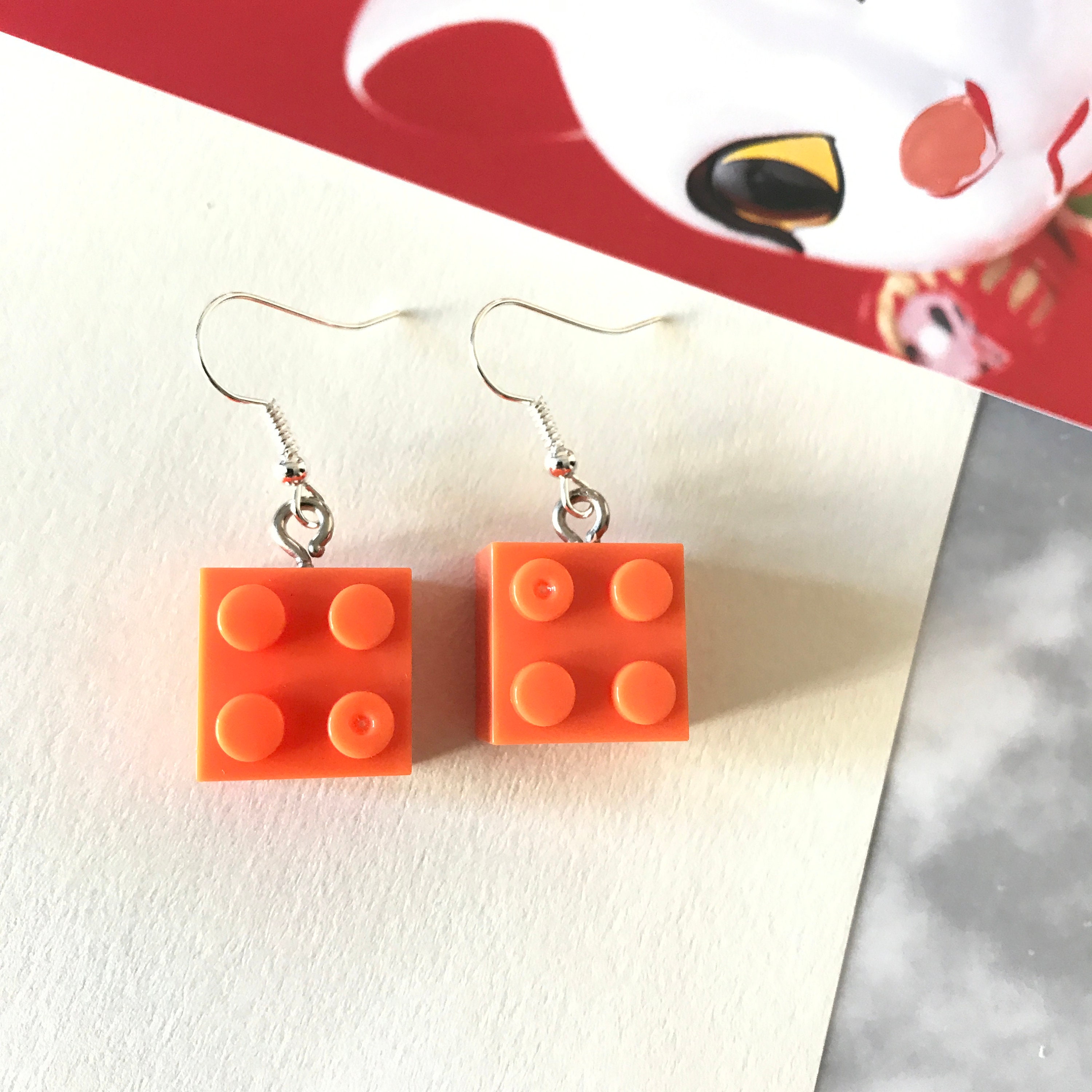 ORANGE LEGO BLOCK SILVER EARRINGS IN GIFT BOX ORANGE LEGO BLOCK SILVER EARRINGS IN GIFT BOX