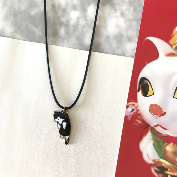 Black and White Cat Necklace Hanging Cat Necklace Silver Ball Etsy