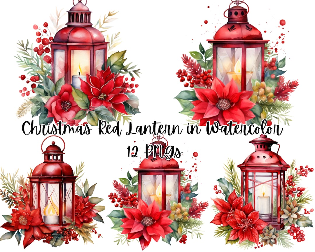 Christmas Red Lantern Watercolor , Watercolor Potpourri, Commercial Use