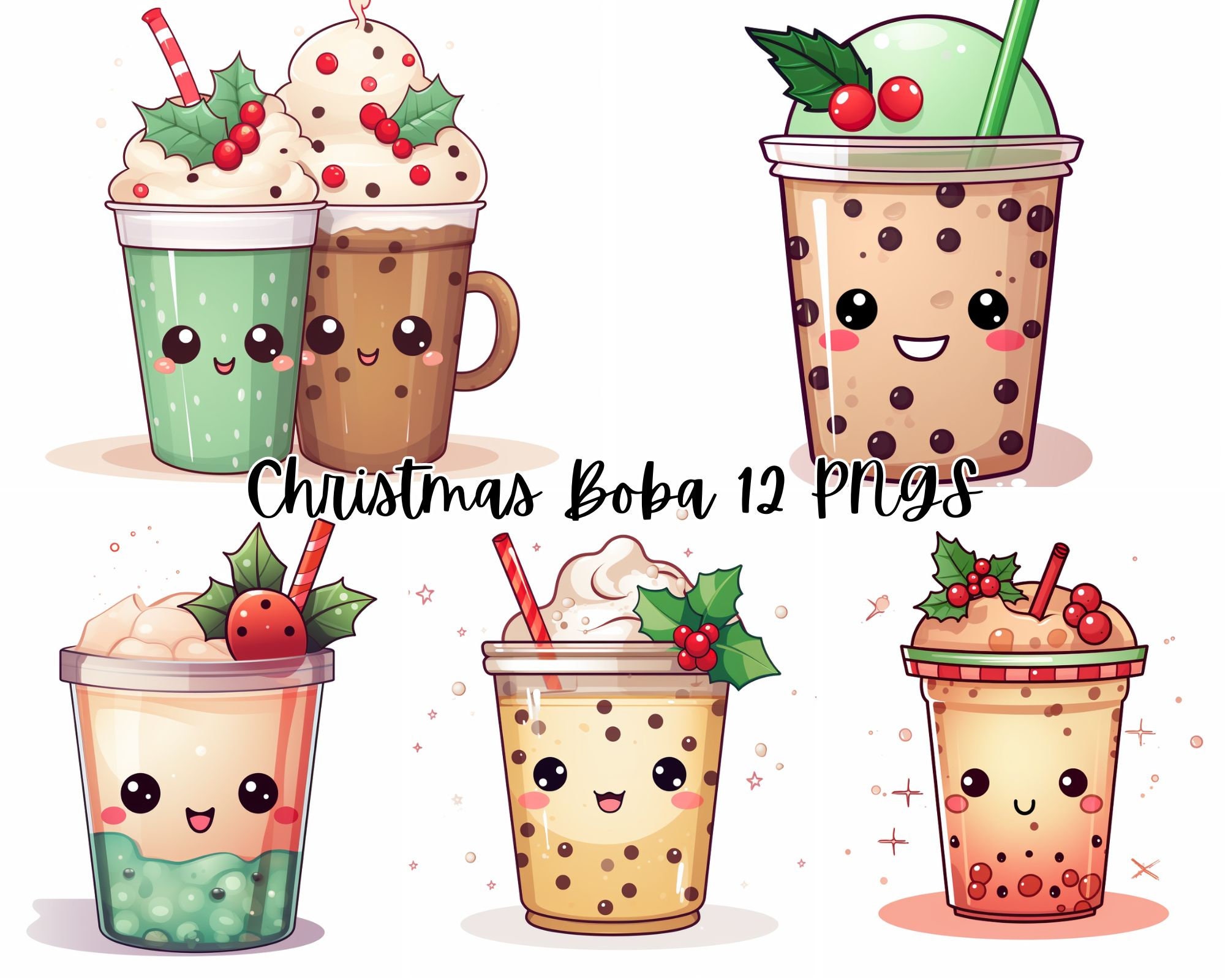 Kawaii Christmas Clipart II Reindeer Puppy Corgi Bubble Tea 