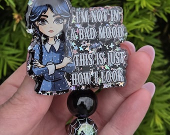 Wednesday, bad mood, nurse, cna, pct, doctor, RN, badge reel, Adams, spiderweb, irridescent, acrylic, retractable badge reel, glitter, stars