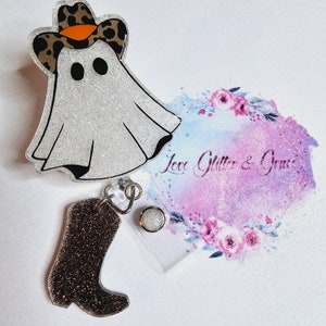 Cowboy ghost with boot, leopard, badge reel, nurse, cna, pct, doctor, Healthcare RN badge holder, acrylic, retractable badge reel, Halloween