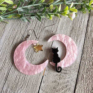 Halloween earrings, black cat on the moon earrings, pink swirl, dangling, multicolor, glitter acrylic, lightweight, fun, trendy, cute