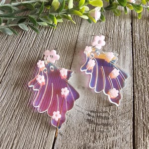 Halloween earrings, irridescent floral ghost earrings, ghost, flowers, dangling, multicolor, glitter acrylic, lightweight, fun, trendy, cute