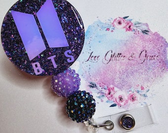BTS badge reel, nurse, cna, pct, doctor, Healthcare, RN badge holder, acrylic, retractable badge reel, ARMY, K-Pop band, purple glitter