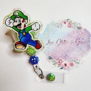 Luigi badge reel, RN, nurse, cna, pct, doctor, Healthcare badge, acrylic, retractable badge reel, id, glitter, cartoon, Super Mario Brothers