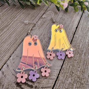 Halloween earrings, irridescent floral ghost earrings, purple swirl, dangling, multicolor, glitter acrylic, lightweight, fun, trendy, cute