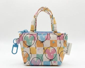 Mickey Balloon Bag Charm – Pastel Checkered Keychain Pouch – Tiny Tote Coin Purse, Card Case & AirPods Holder – Disney-Inspired Accessory