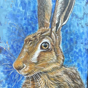 Original Realistic Hare Rabbit painting in acrylic and natural wood frame