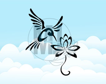 Hummingbird on Lotus Flower Svg Png Jpeg Dxf Eps Pdf Digital Stamp and Download Cut File