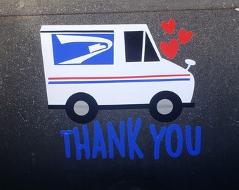 May include: A white USPS mail truck with a blue and red logo and the words "Thank You" in blue letters. Three red hearts are above the truck.