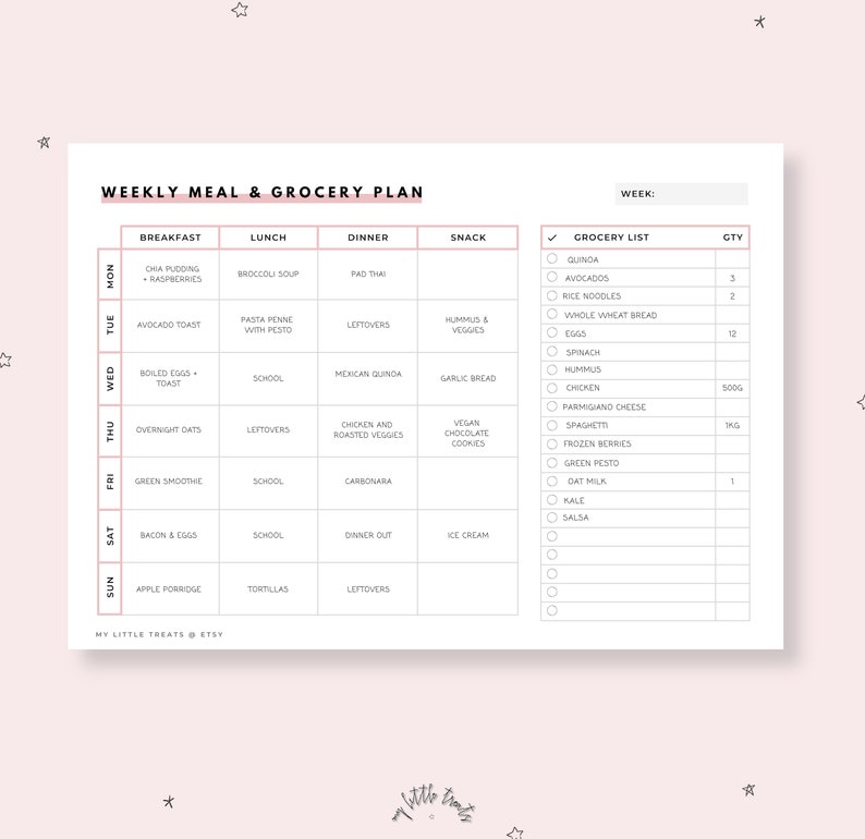 weekly meal prep planner printable grocery and shopping