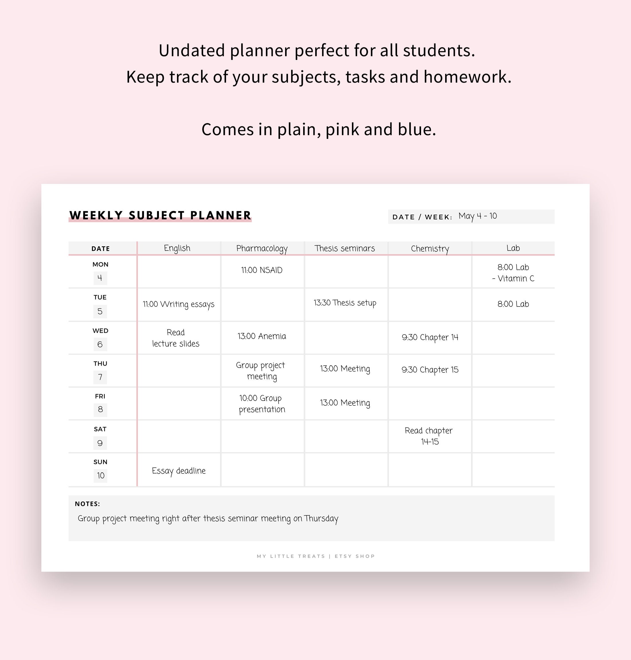 Weekly Subject Planner for Students Printable School Etsy 日本
