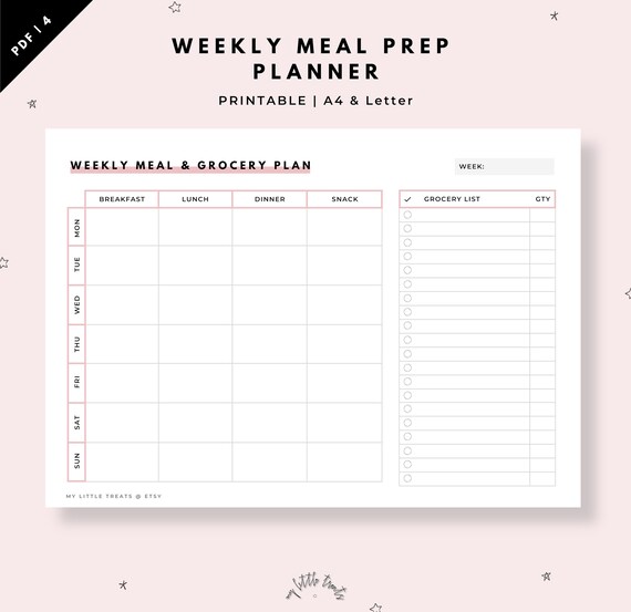 weekly meal prep planner printable grocery and shopping list etsy