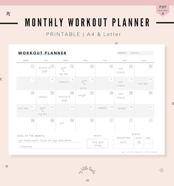 Monthly Workout Planner Fitness Tracker Workout Calendar Printable Health Fitness Journal A4 And Letter