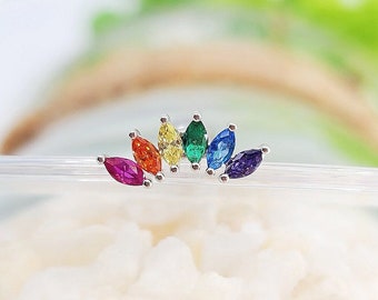 May include: A rainbow-colored marquise-shaped gemstone earring with a silver setting.