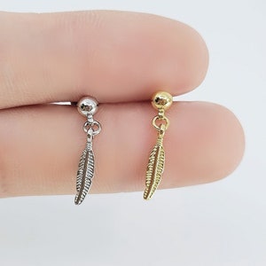 16G* Feather Dangling Cartilage Piercing/Silver or Gold Feather/ Various post bar externally threaded/20G is also available