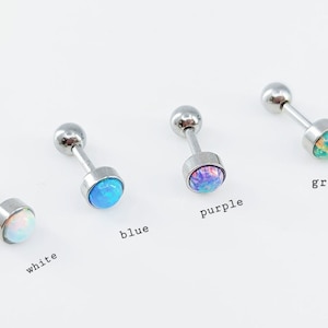 Opal Cartilage Piercing Surgical Steel Jewelry / Green, White, Purple, and Blue / Various Post Bar externally thread and 20G is available