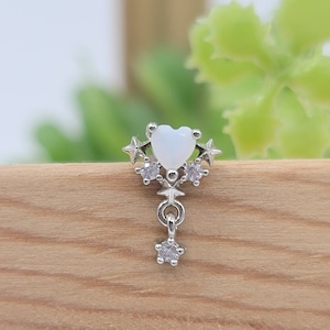 16G* White Moonstone Heart with Dangling Star Cartilage Piercing /Various post bar externally threaded and 20G is available