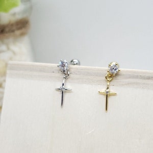 Sale 16G*6mm(L)* Cross with CZ Dangling cartilage piercing/surgical steel/ barbell end