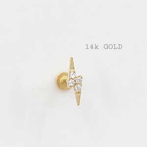 PREMIUM SOLID 14K Gold/18G oder 16G*6mm (L)* 7,5 mm Blitz mit 4 Swarovski CZ Piercing/ Intern mit Push Tail/ 14K markiert