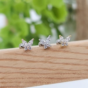 16G* Cute Dainty Clear CZ Butterfly Cartilage Piercing/Top Design size: 4 x 4.5 mm/ Various Post Bar/ Externally thread and 20G is available