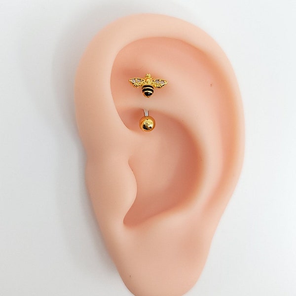 16G* Cute Bee Cartilage Piercing/ Top Design Size: 9x6mm/ Rook Piercing/ Curved Piercing/6 mm or 8 mm length available